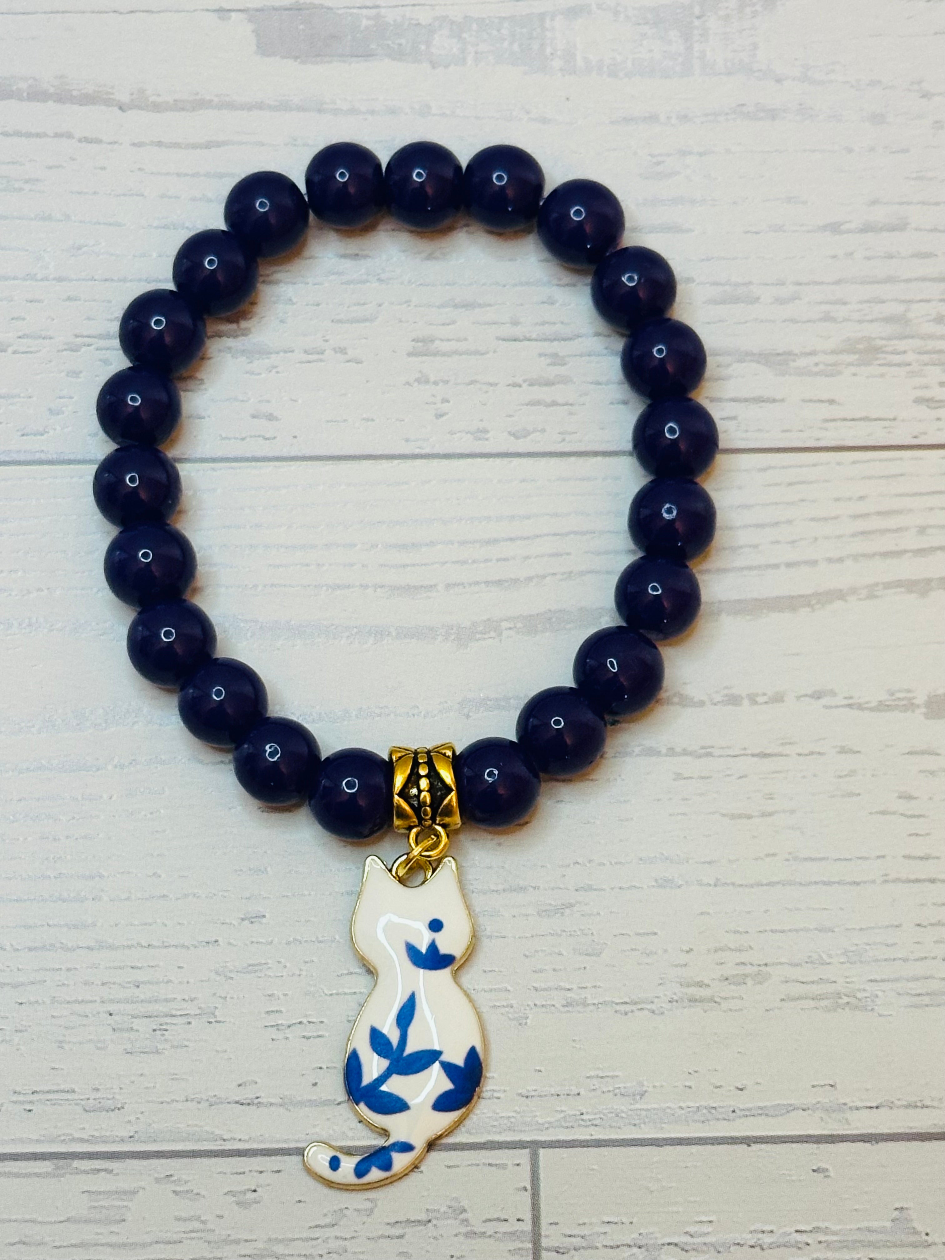 Navy Blue Floral Cat Bracelet