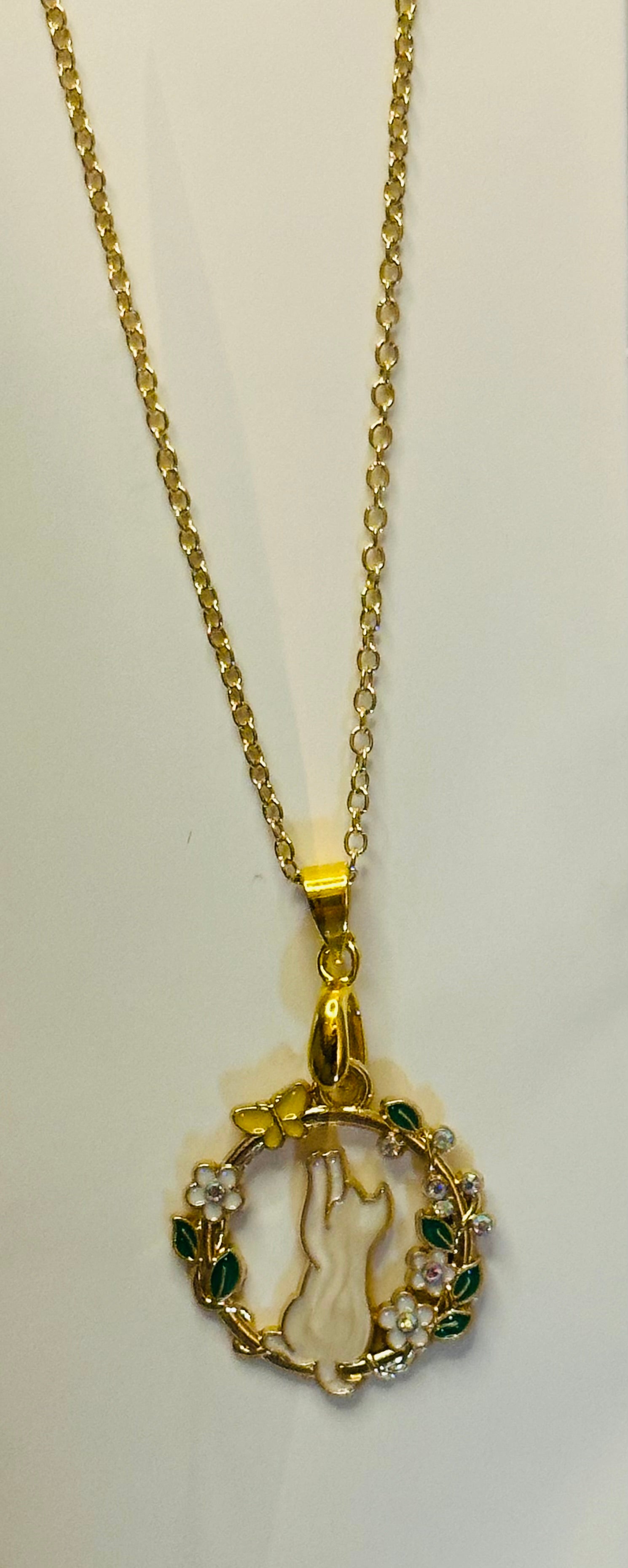 White Cat and Flowers Necklace