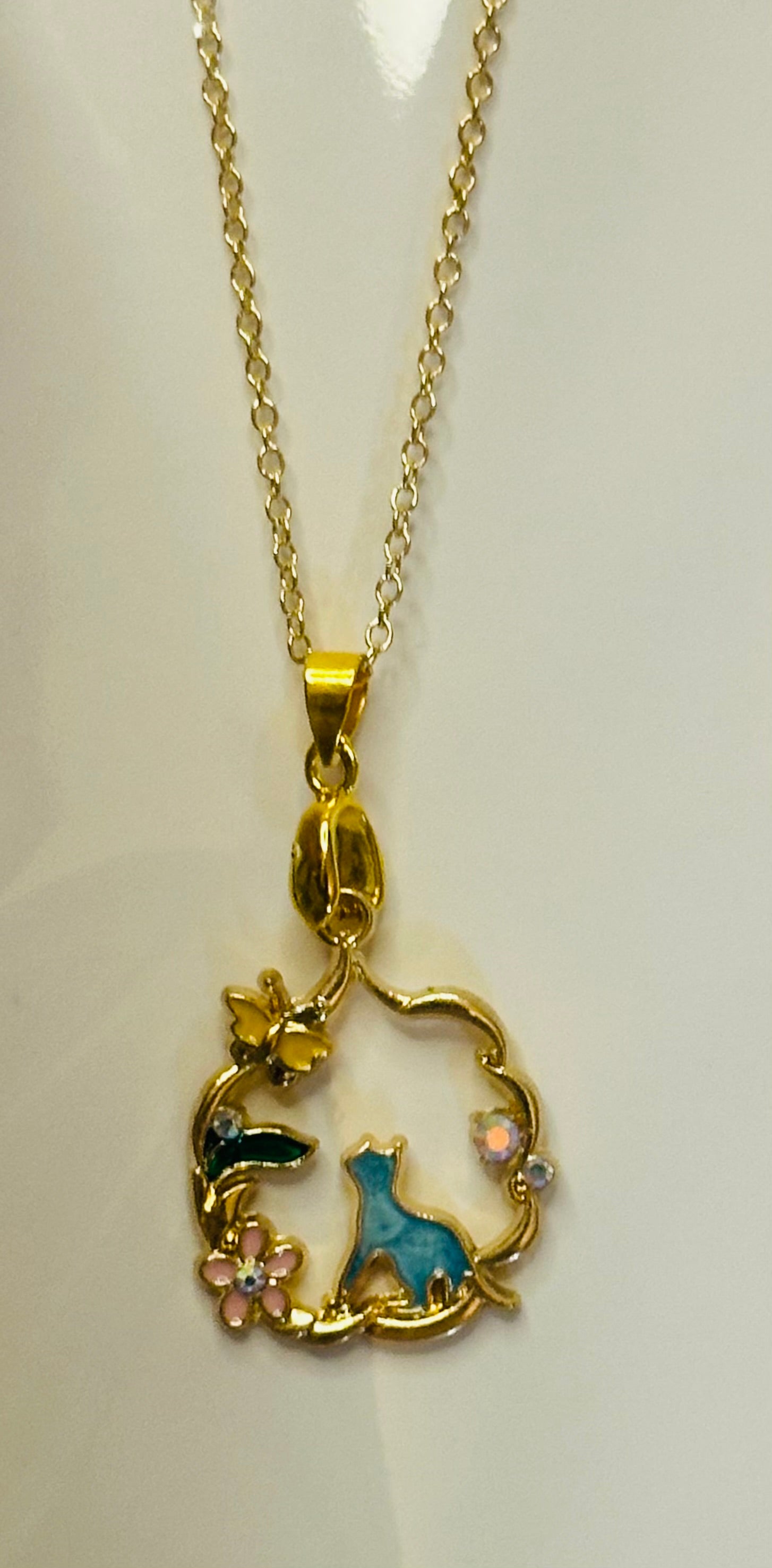 Blue Cat and Butterfly Necklce