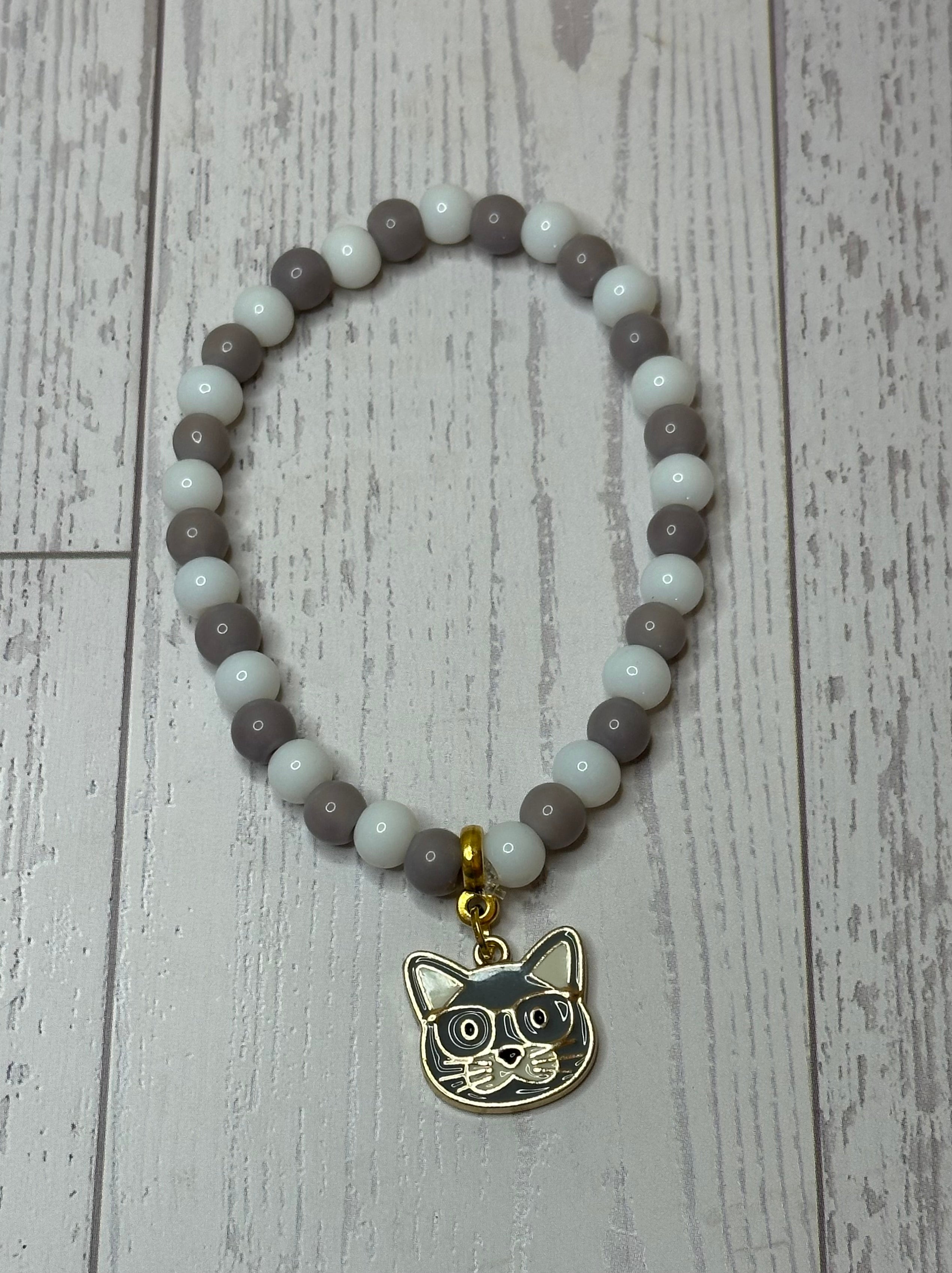 Gray and White Cat in Glasses Bracelet